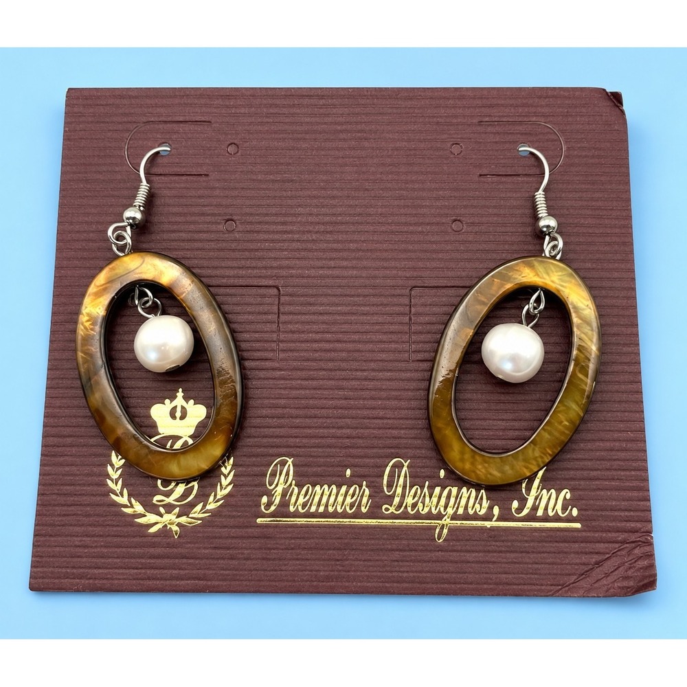 Premier Designs Brown Oval Shell Faux Pearl Dangle Earrings Silver Tone -2881